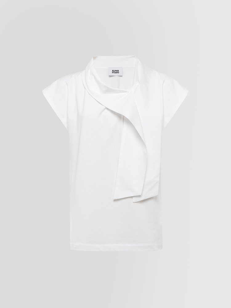 SEMI-BOAT NECK T-SHIRT WITH BOW