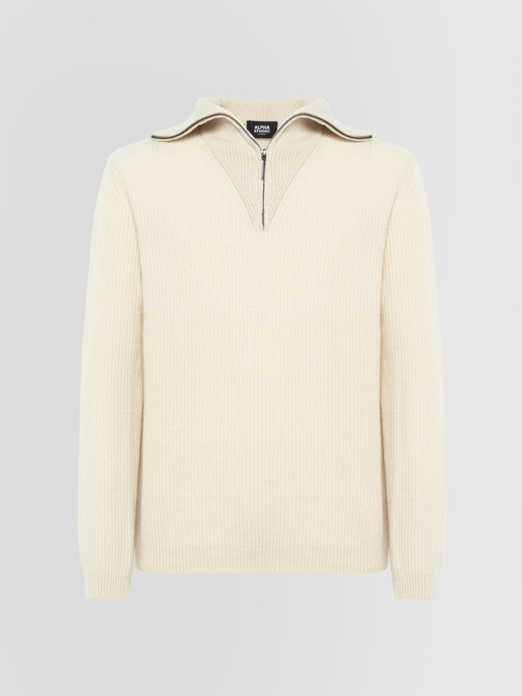 GRANDAD NECK SWEATER IN FISHERMAN’S RIB STITCH WOOL