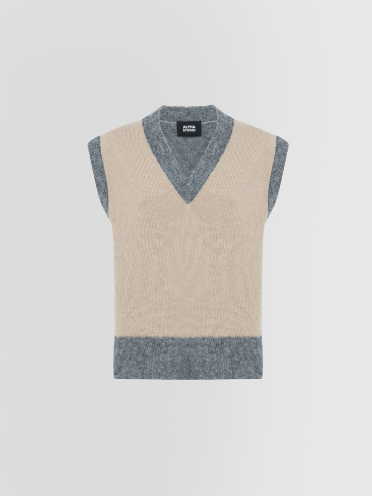 STOCKINETTE STITCH BI-MATERIAL V-NECK SWEATER S/M 